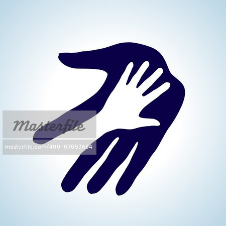 Helping hand illustration in white and blue. Concept of help, assistance and cooperation.