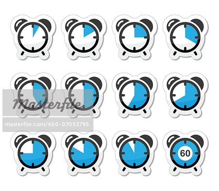 Clock mastering time black and blue labels isolated on white