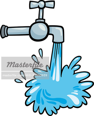 Cartoon Illustration of Tap with Pouring Water Clip Art