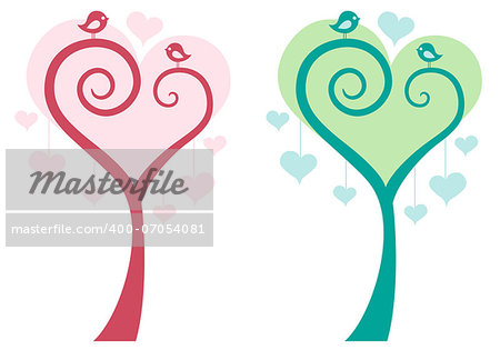 heart tree with cute birds, vector illustration