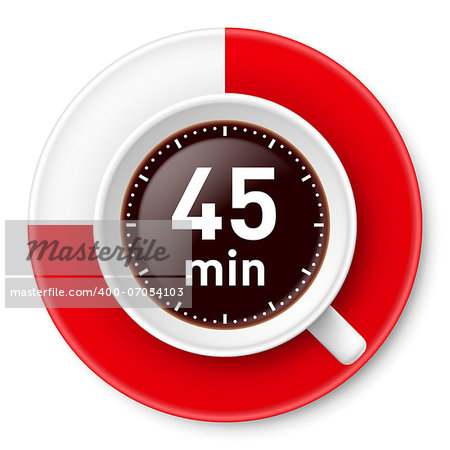 Cup of coffee with time limit for break: forty-five minutes. Illustration on white background.