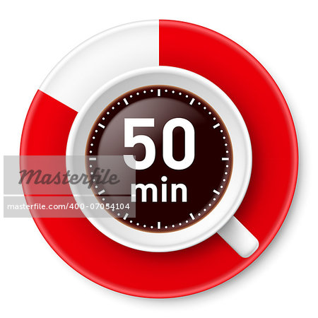 Cup of coffee with time limit for break: fifty minutes. Illustration on white background.
