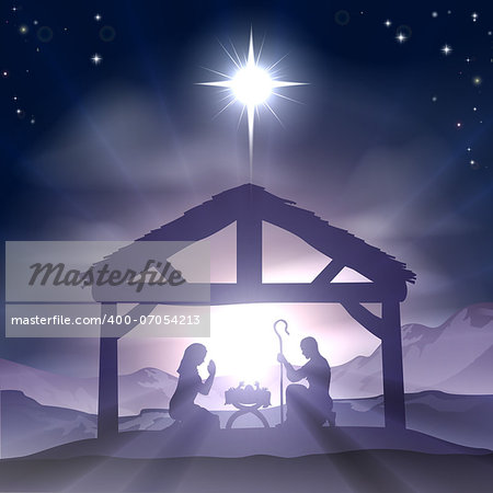 Christmas Christian nativity scene with baby Jesus in the manger in silhouette, and star of Bethlehem