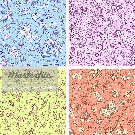 Vector illustration of set of  seamless patterns with abstract flowers.Floral backgrounds