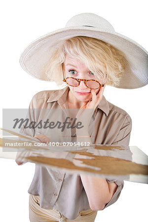 Confused blond woman in safari clothes with map