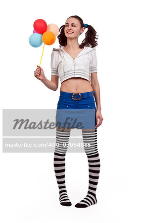 girl in striped socks, mini skirt with a toy and balloons