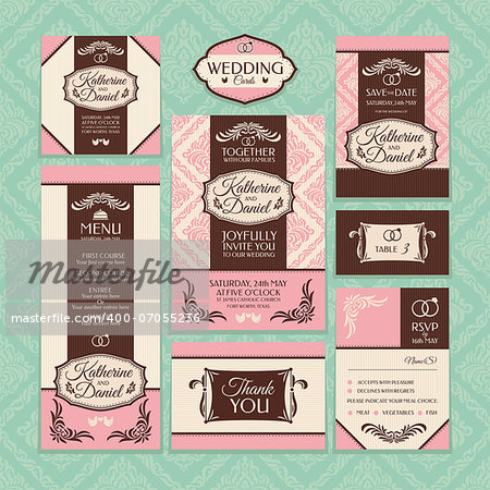 Set of wedding cards. Wedding invitations, Thank you card, Save the date card, Table card, RSVP card and Menu.