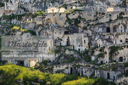 A view at houses in the Sassi the historic center of the city Matera in Basilicata in Italy