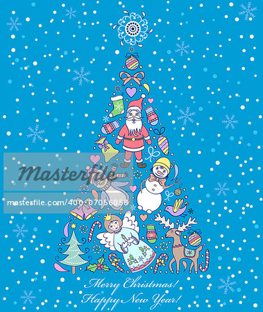 Vector illustration of colorful christmas tree on  blue snowy background