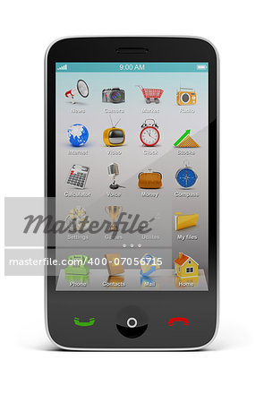 black smartphone with icons on the screen. 3d image. Isolated white background.