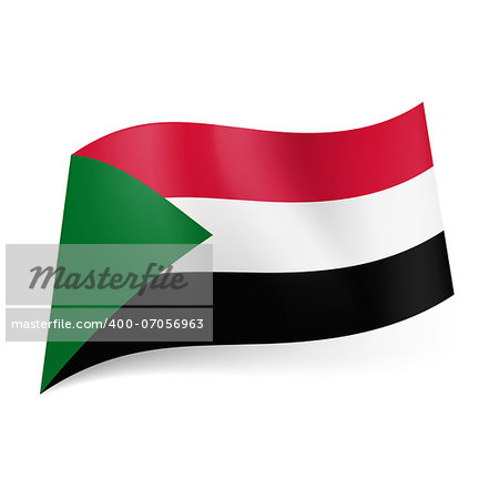National flag of Sudan: red, white and black horizontal stripes with green triangle on the left side.