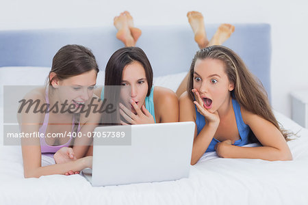 Girls on bed looking shocked at laptop