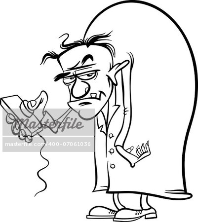 Black and White Cartoon Illustration of Spooky Halloween Evil Scientist Character for Coloring Book