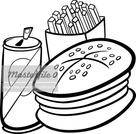 Black and White Cartoon Illustration of Fast Food Set with Hamburger and French Fries and Soda Clip Art for Coloring Book