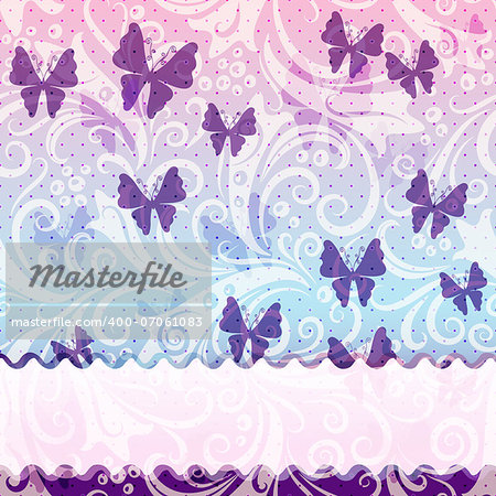 Gentle vintage frame with translucent violet butterflies and wave strip (vector EPS 10)