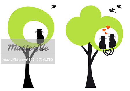 green trees with cats and birds, vector illustration