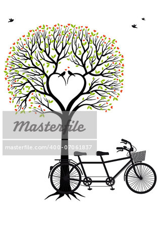 heart tree with birds and tandem bicycle, vector illustration for wedding invitation, Valentine's day card