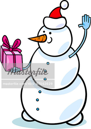 Cartoon Illustration of Snowman as Santa Claus Character with Christmas Present or Gift