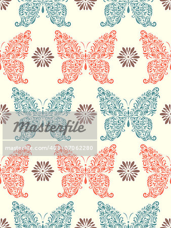 Vector illustration of seamless pattern with abstract floral butterflies