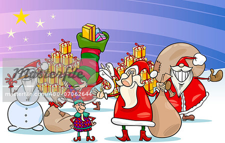 Cartoon Illustration of Santa Claus Group with Presents and Snowman and other Christmas Characters