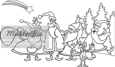 Black and White Cartoon Illustration of Santa Claus Group with Elf Christmas Characters for Coloring Book