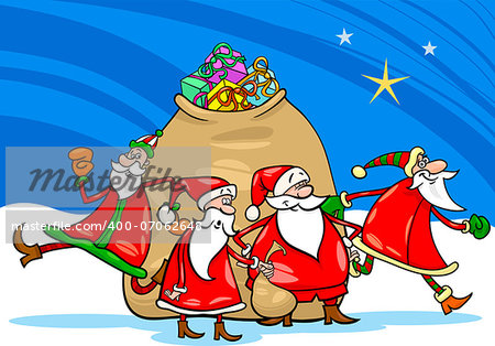 Cartoon Illustration of Santa Claus Group Christmas Characters with Big Sack of Gifts