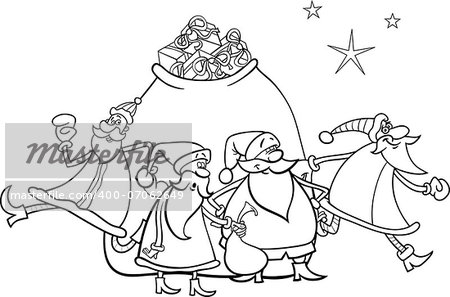 Black and White Cartoon Illustration of Santa Claus Group Christmas Characters with Big Sack of Gifts for Coloring Book