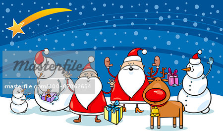 Cartoon Illustration of Santa Claus Characters Group with Snowman and Reindeer