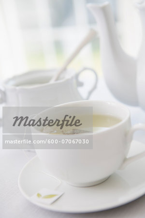 Cup of tea in porcelain white teacup with saucer, sugar bowl, and teapot, studio shot