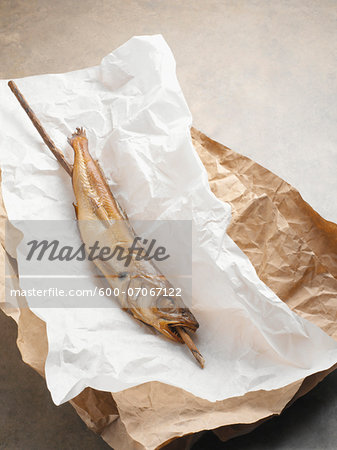 Fried mackerel pike fish on stick, in paper wrapper, studio shot