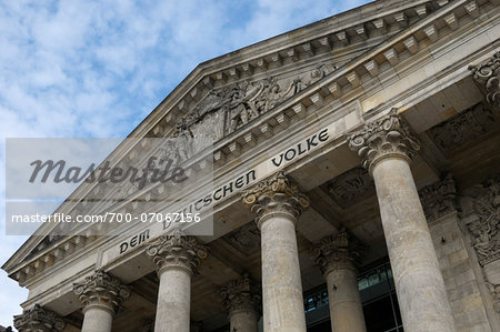 Close-up of the pediment on front of the Reichstag Building with dedication (To the German people) Berlin, Germany