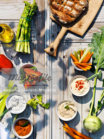 Raw vegetables and assorted dips