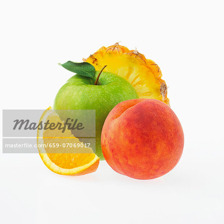 Apple, peach, orange and pineapple Apple, peach, orange and pineapple