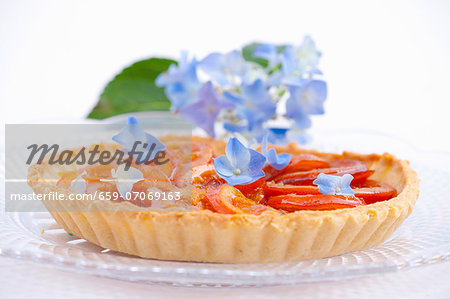Orange tart with blue hydrangea flowers