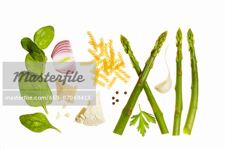 Ingredients for a dish with pasta and asparagus