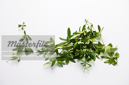 Woodruff sprigs on a white surface