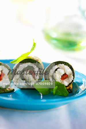 Grilled courgette rolls stuffed with sheep's cheese Grilled courgette rolls stuffed with sheep's cheese