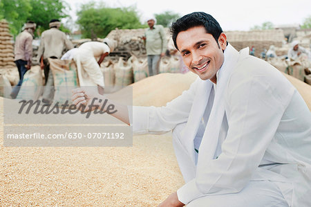 Man picking wheat grains from a heap, Anaj Mandi, Sohna, Gurgaon, Haryana, India