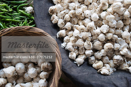 High angle view of garlic bulbs at a market stall, Sohna, Gurgaon, Haryana, India