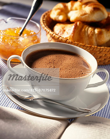 Cup of hot chocolate,croissants and jam