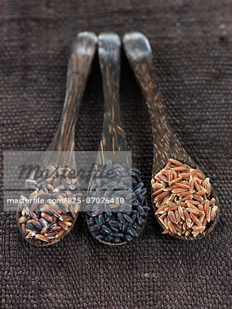 Spoons full of purple rice,black rice and red rice
