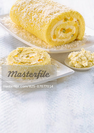 Rolled sponge cake wth Brousse cream,coconut,passion fruit mango filling