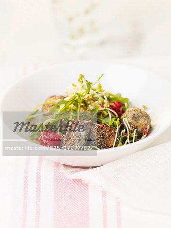 Salt cod fish balls with poppyseeds and mixed vitamin salad