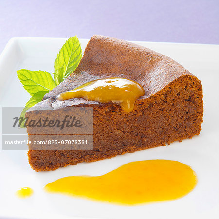 Chocolate cake with mango sauce