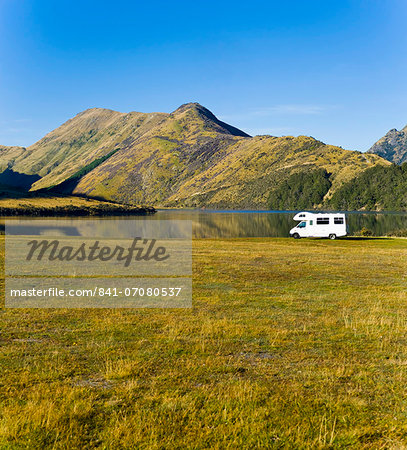 Caravan at Lake Moke Department of Conservation campsite, Queenstown, Otago, South Island, New Zealand, Pacific