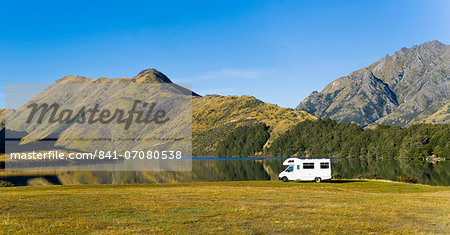 Caravan at Lake Moke campsite, Queenstown, Otago, South Island, New Zealand, Pacific