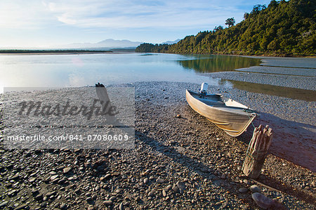 Motor boat, Okarito Lagoon, West Coast, South Island, New Zealand, Pacific