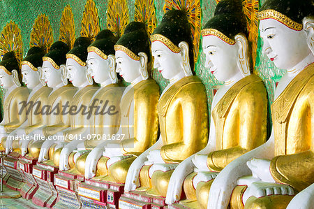 Some of the 45 Buddha images found at a crescent-shaped colonnade at Umin Thounzeh on Sagaing Hill, near Mandalay, Myanmar (Burma), Asia