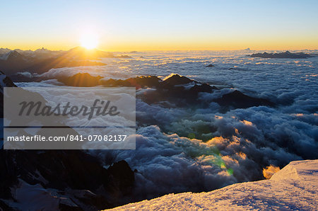 Sunrise from summit of Mont Blanc, 4810m, Haute-Savoie, French Alps, France, Europe
