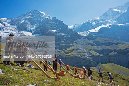 Swiss horn players, Jungfrau marathon, Bernese Oberland, Switzerland, Europe